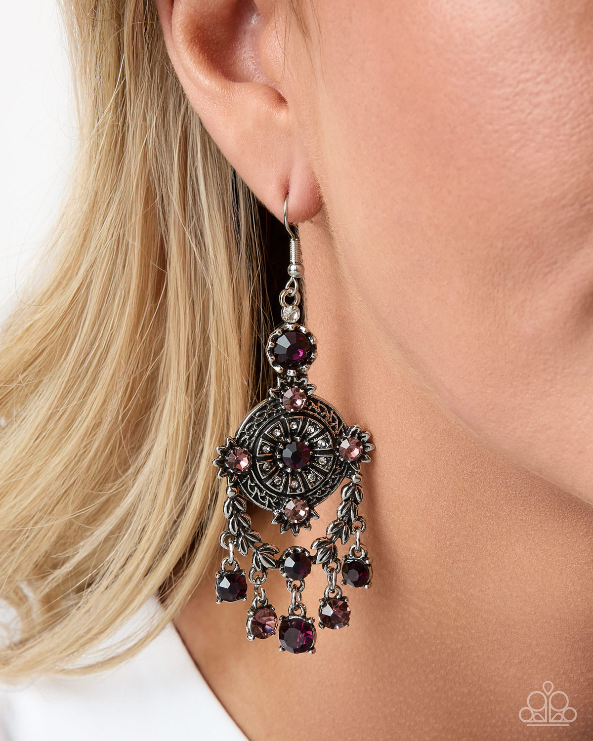 Melodic Map Purple Rhinestone Medallion Earrings by Paparazzi Accessories