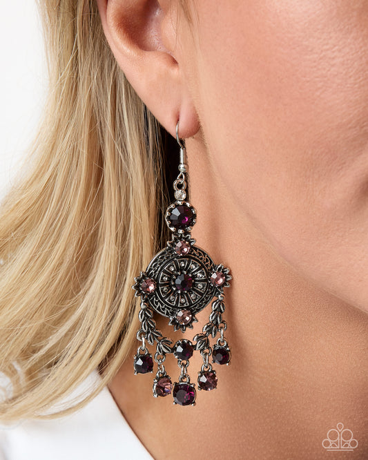 Melodic Map Purple Rhinestone Medallion Earrings by Paparazzi Accessories