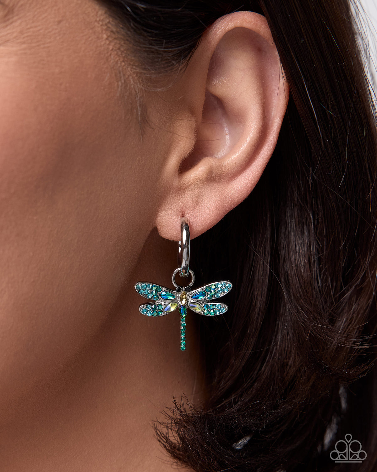 Dragonfly Date blue and gold hoop charms detail
