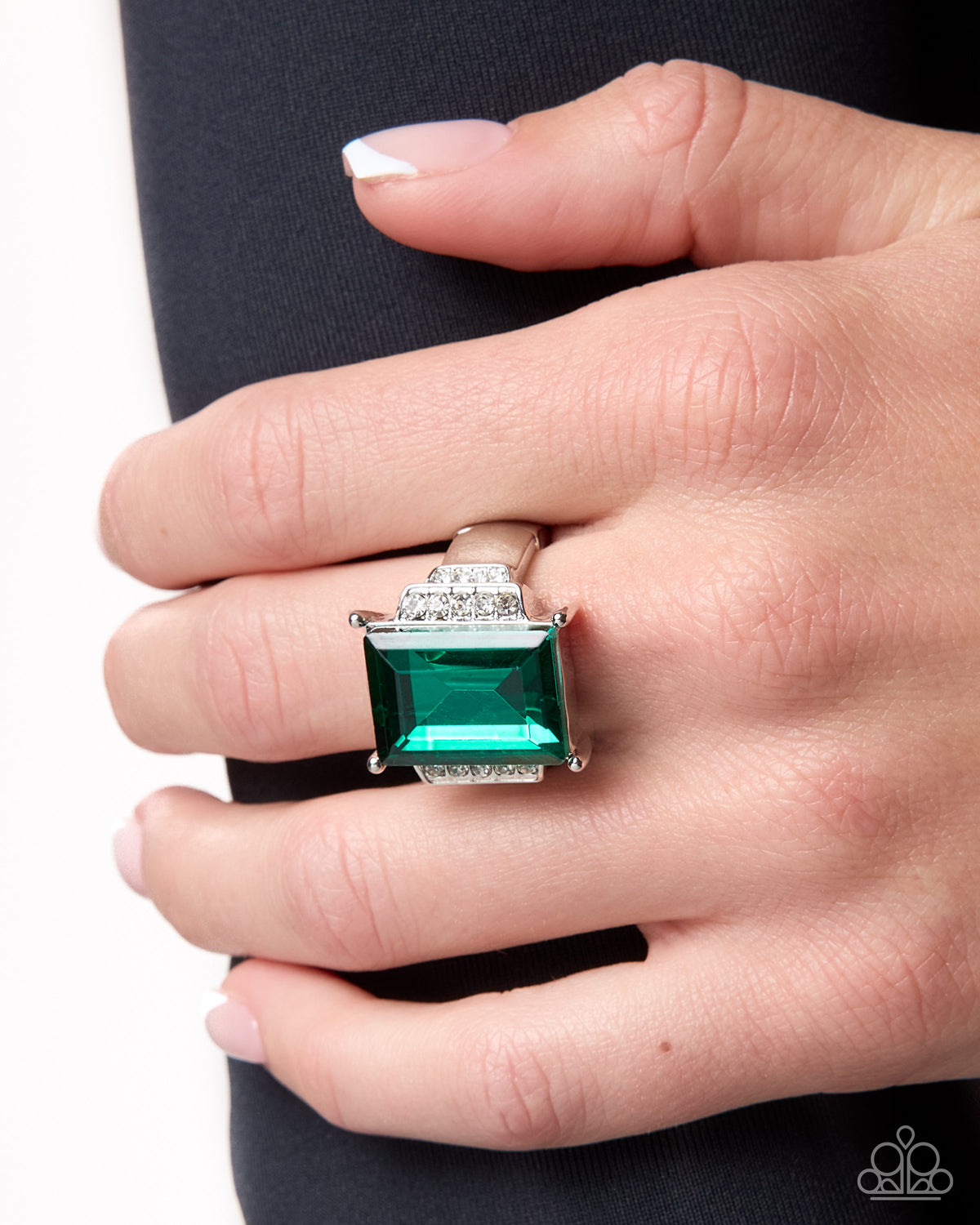 Paparazzi Emerald Engagement green rectangular gem stretch ring, alternate image 2 | Jewelry by Bretta