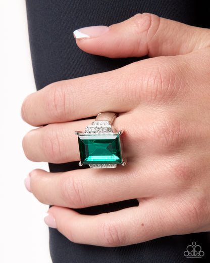 Paparazzi Emerald Engagement green rectangular gem stretch ring, alternate image 2 | Jewelry by Bretta