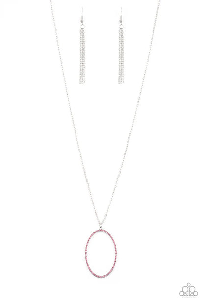Necklace with a pink oval pendant on a white background