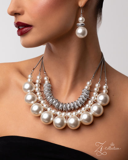 Pearl necklace and earrings on a model with a neutral background