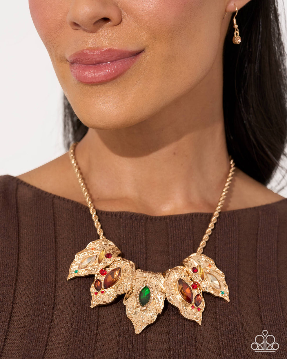 Autumnal Riot gold statement necklace with multicolored gemstones and rhinestone accents