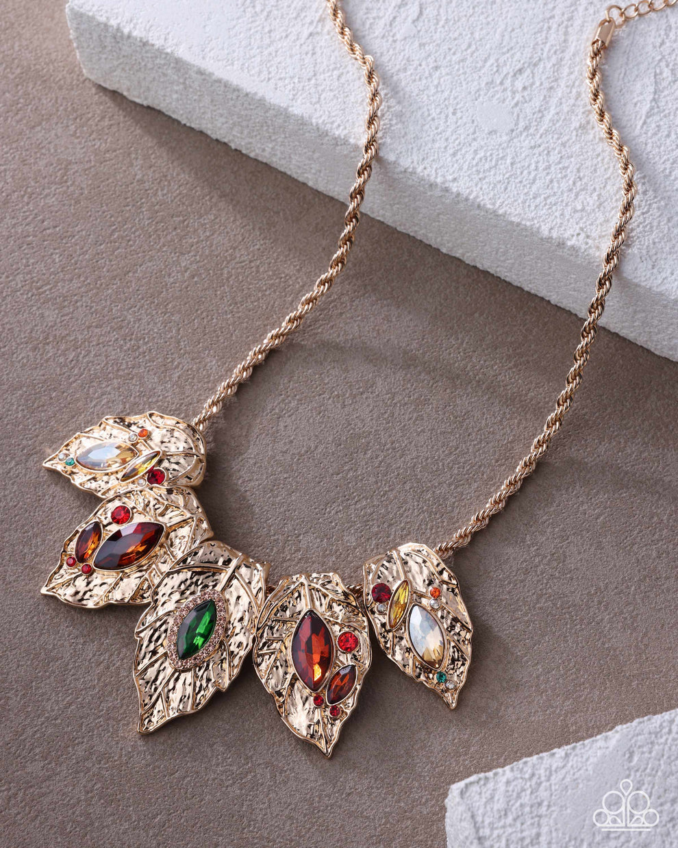 Autumnal Riot gold multicolor gemstone necklace flat lay