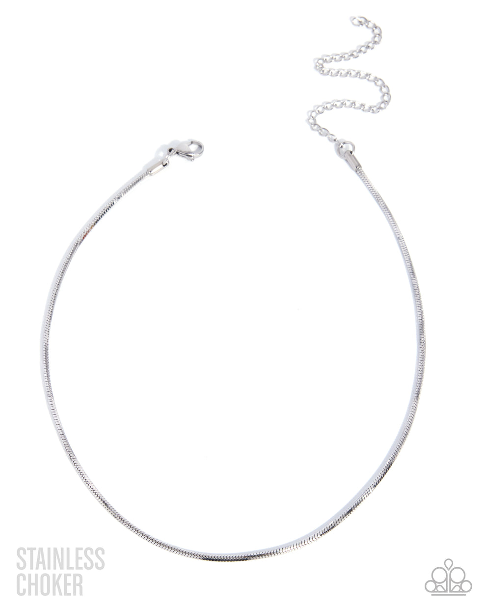 Silver choker necklace on a white background