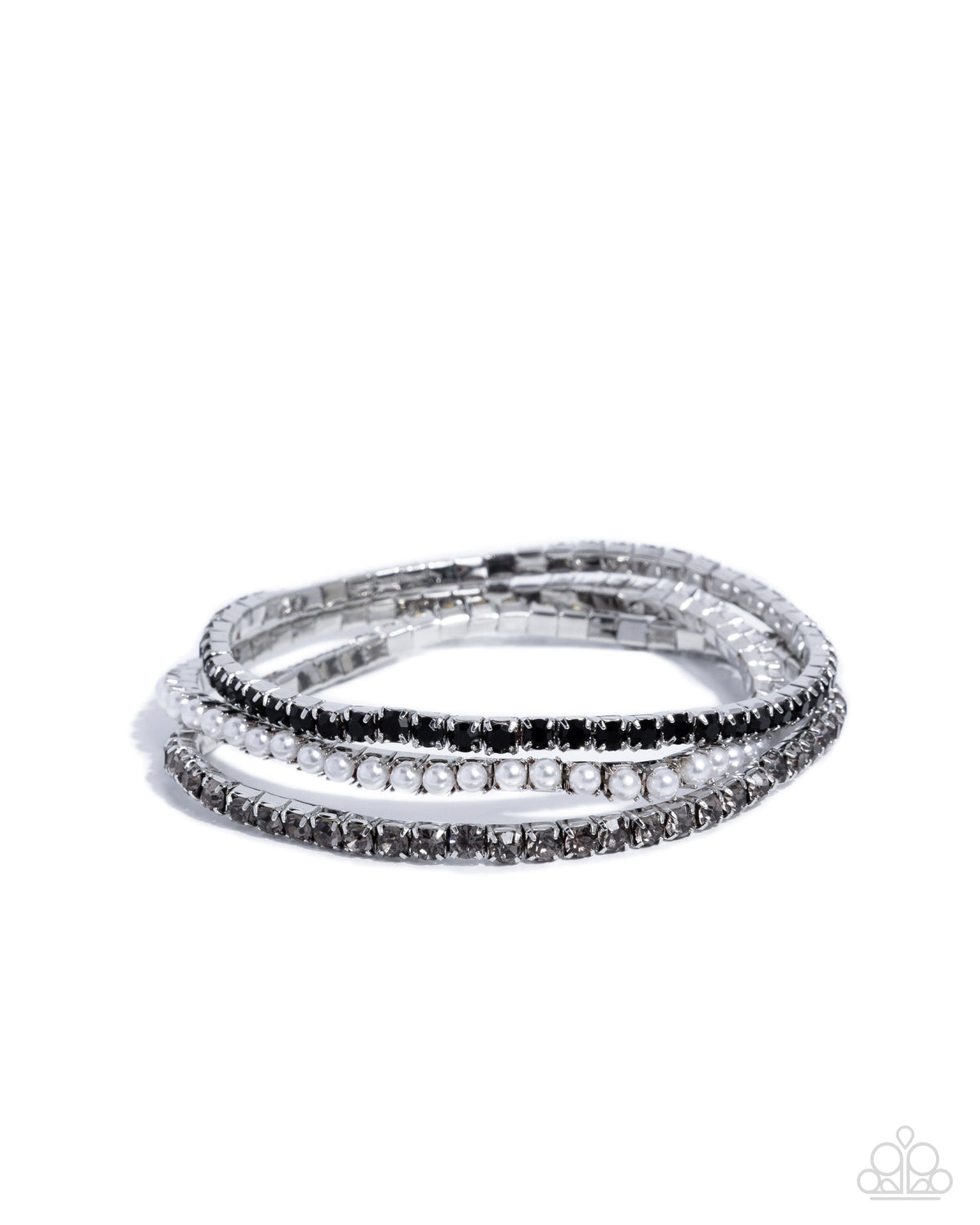 Close-up of Colorful Cabaret black rhinestone and white pearl bracelet trio