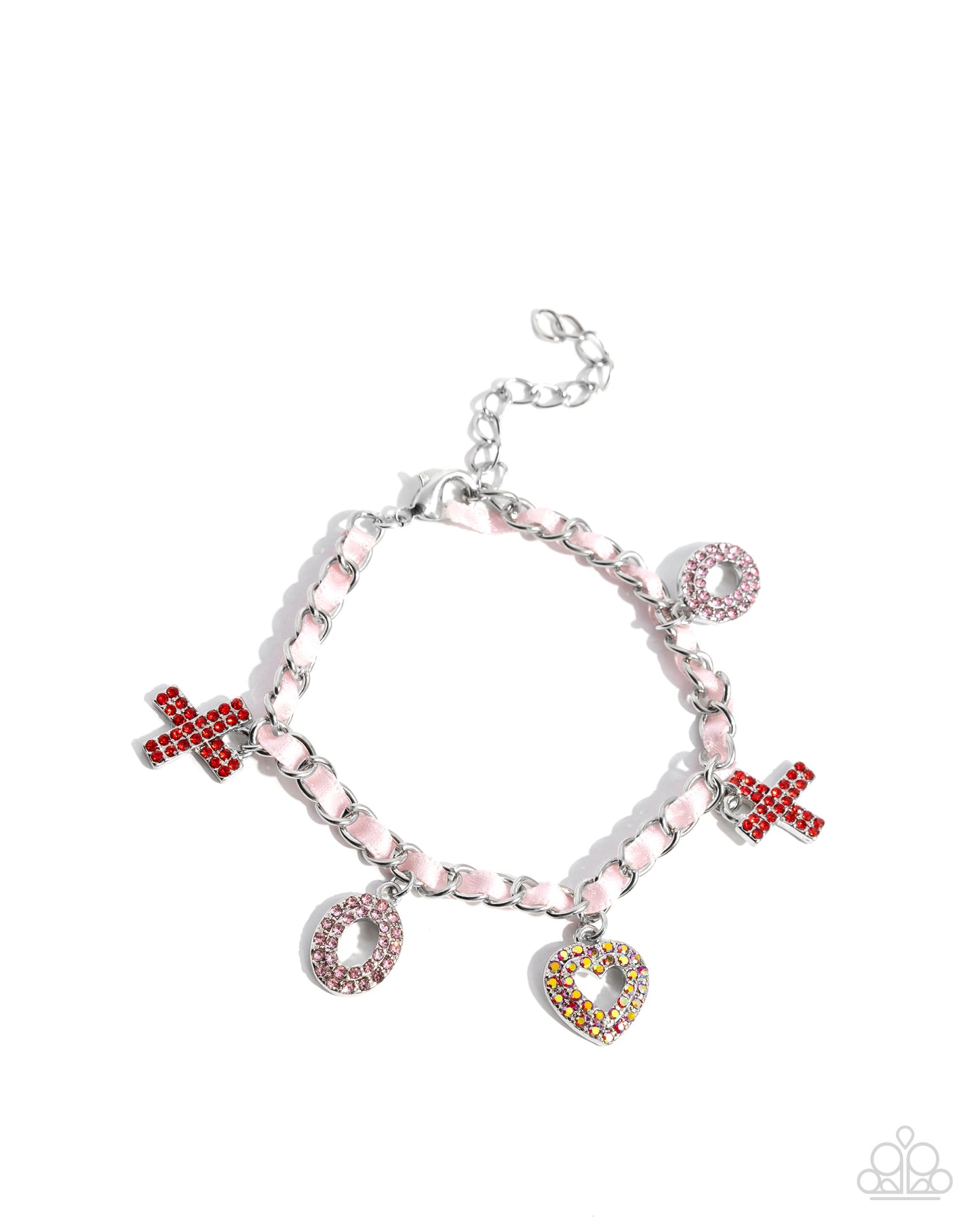 Bracelet with various charms including crosses and hearts on a white background