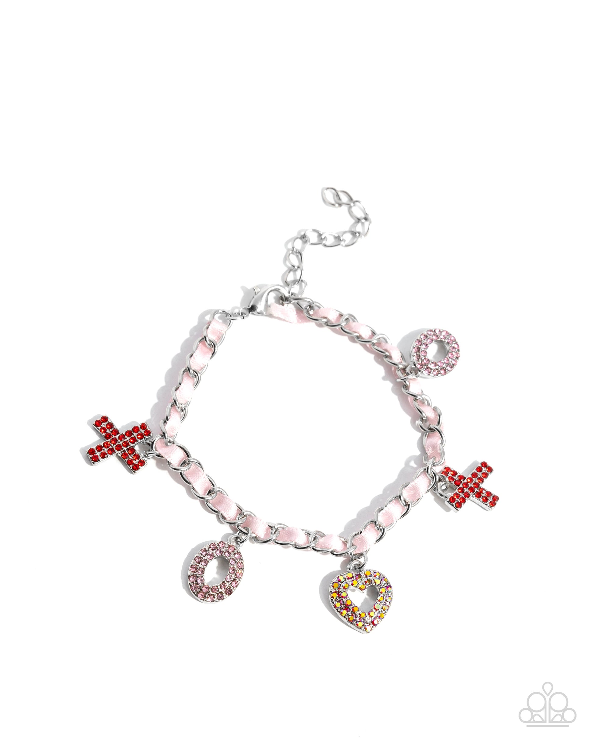 Bracelet with various charms including crosses and hearts on a white background