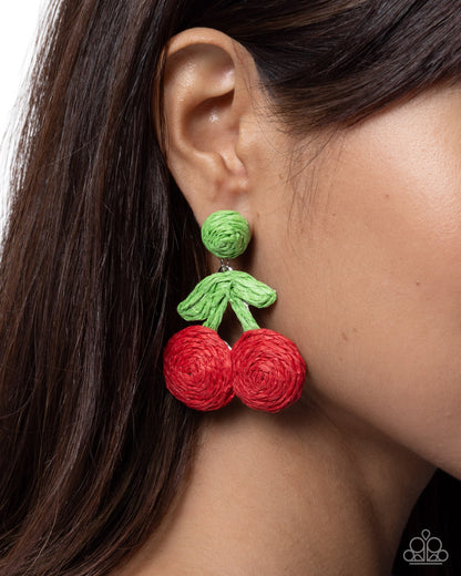 Crafted Cherry red and green raffia post earrings by Paparazzi Accessories