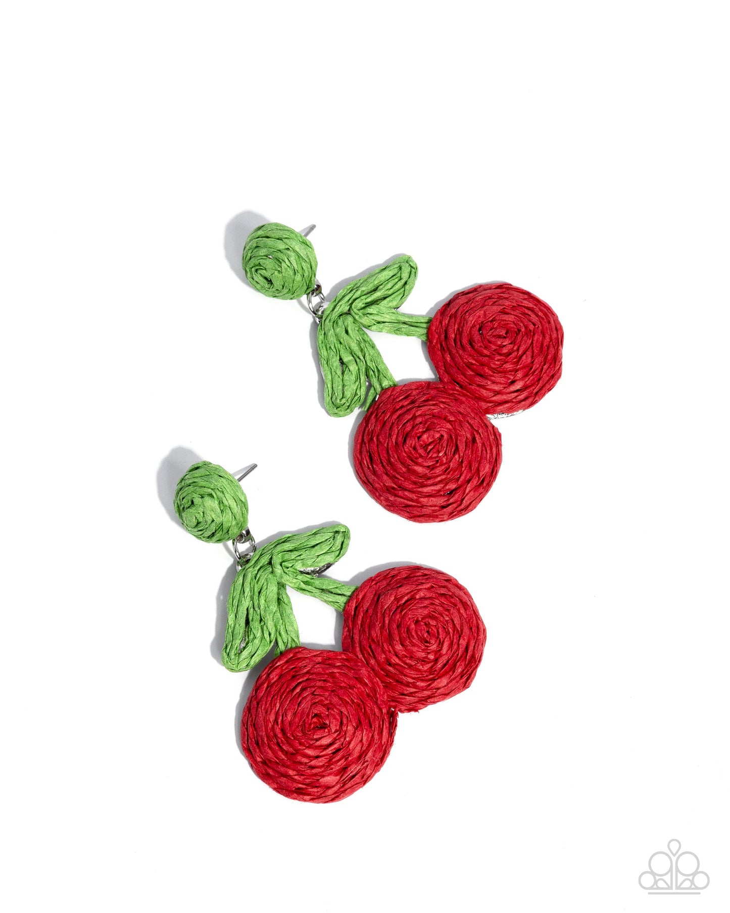 Close-up of Crafted Cherry red raffia cherry post earrings