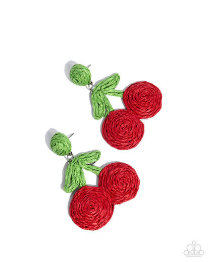 Close-up of Crafted Cherry red raffia cherry post earrings