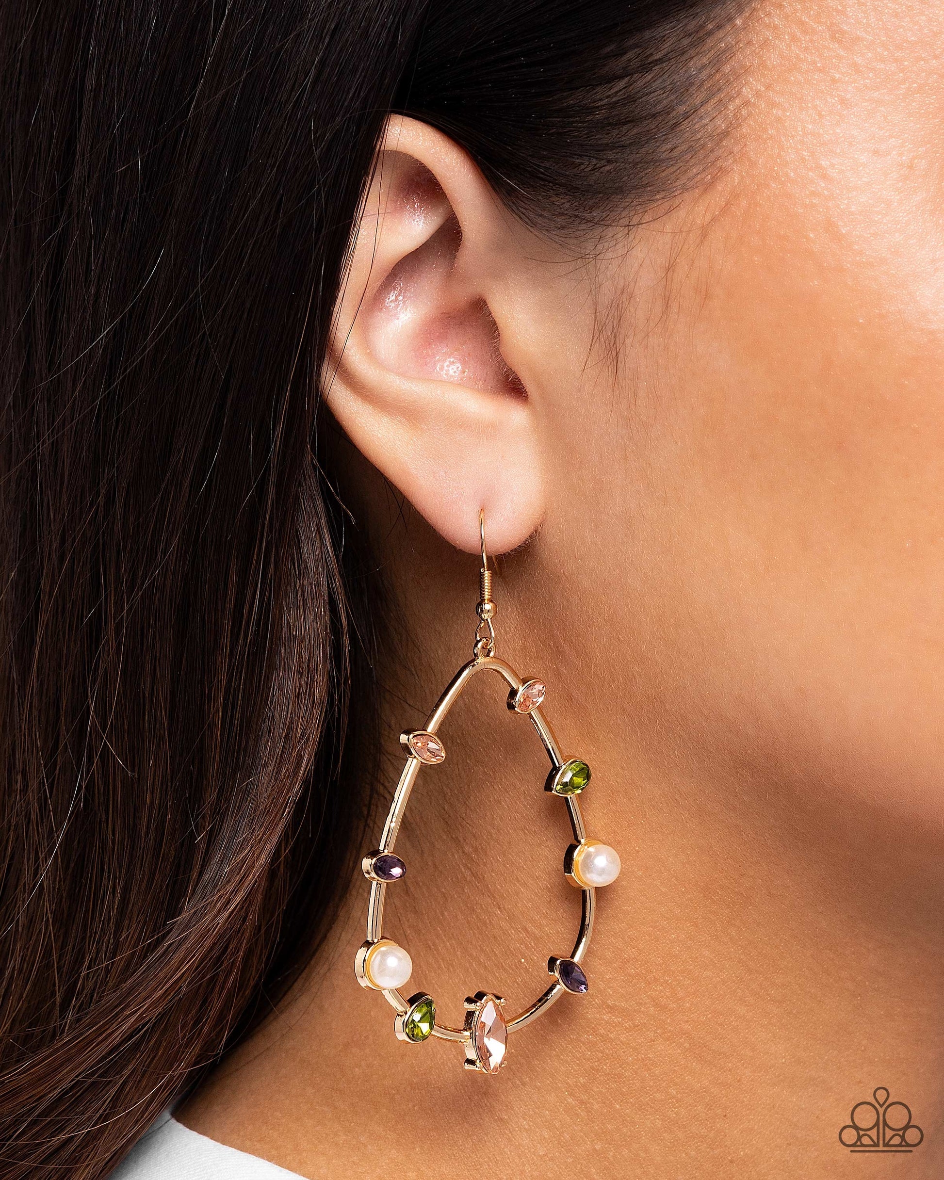 Dazzling Diversity gold teardrop earrings with multicolor gems and white pearls