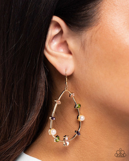Dazzling Diversity gold teardrop earrings with multicolor gems and white pearls