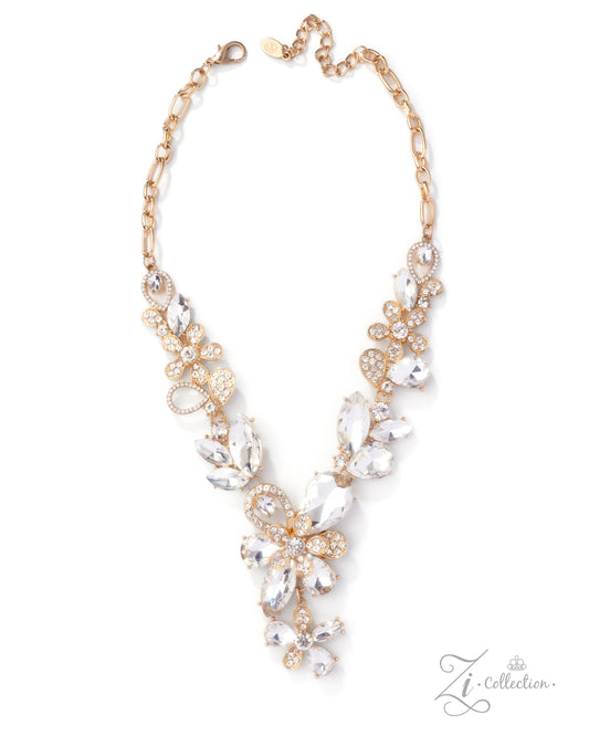 Elegant necklace with floral and leaf designs on a white background