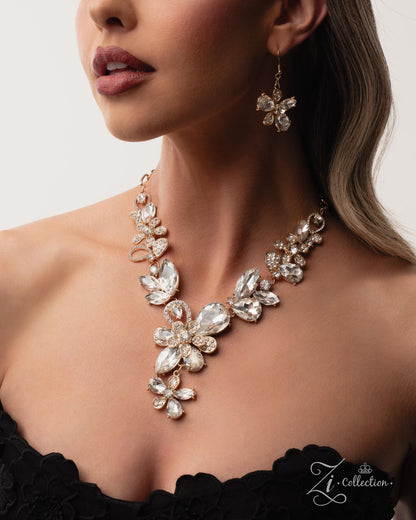 Woman wearing a sparkling necklace and earrings with a neutral background