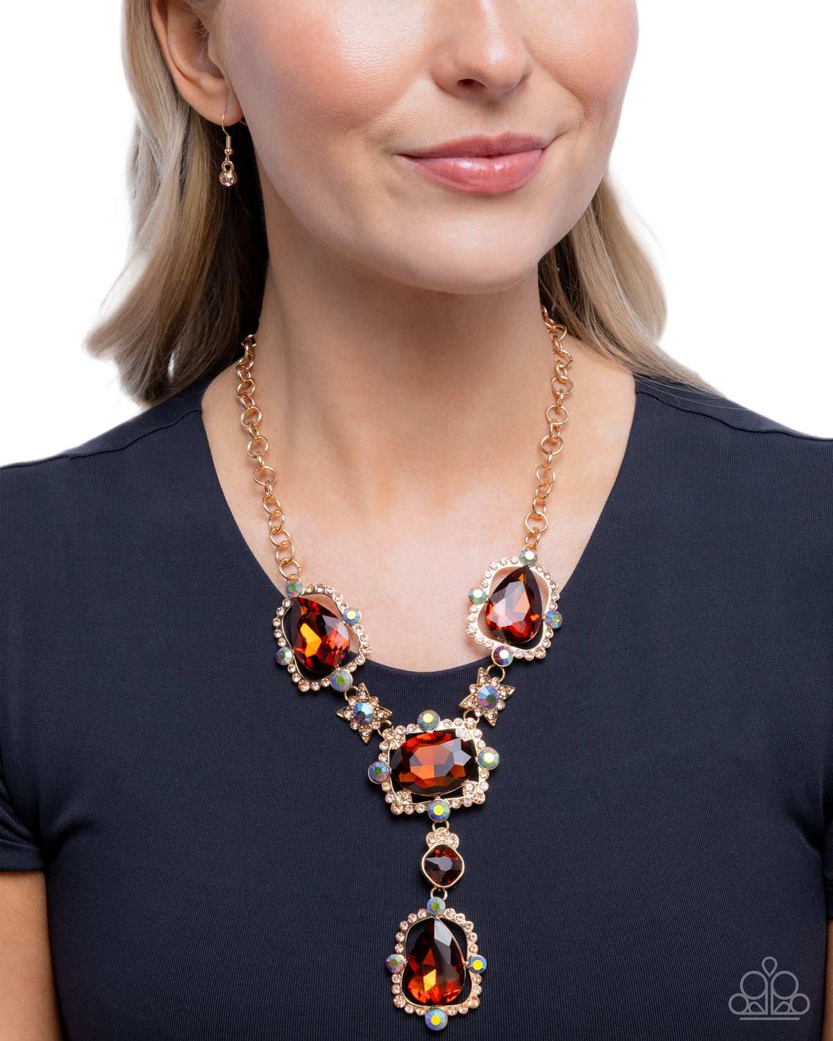 Fancy Formula brown and blue iridescent rhinestone gold necklace by Paparazzi Accessories