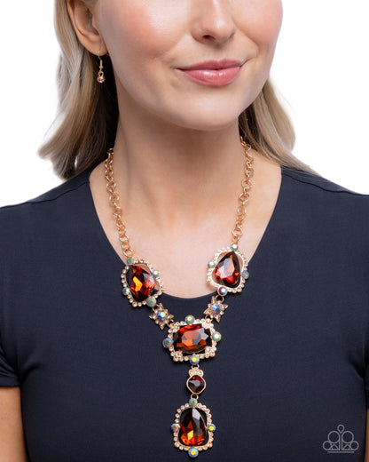 Fancy Formula brown and blue iridescent rhinestone gold necklace by Paparazzi Accessories