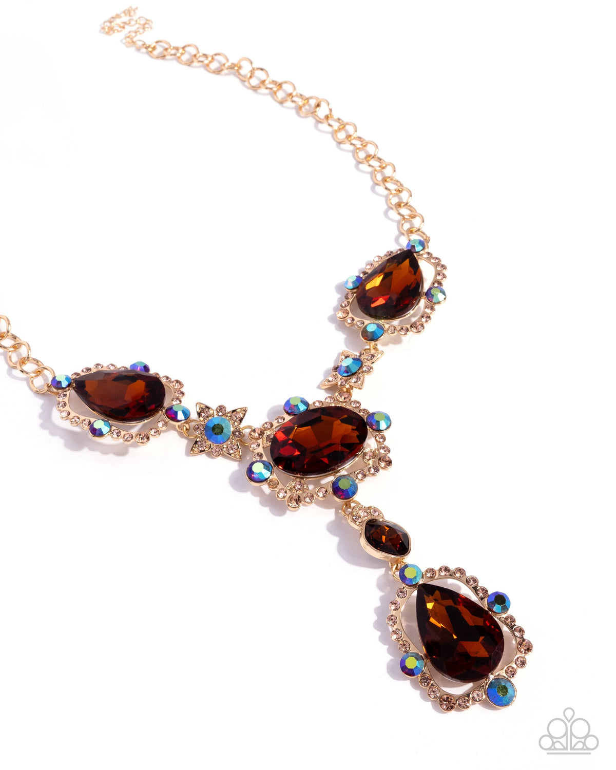 Close-up of Fancy Formula brown rhinestone and blue iridescent gem necklace