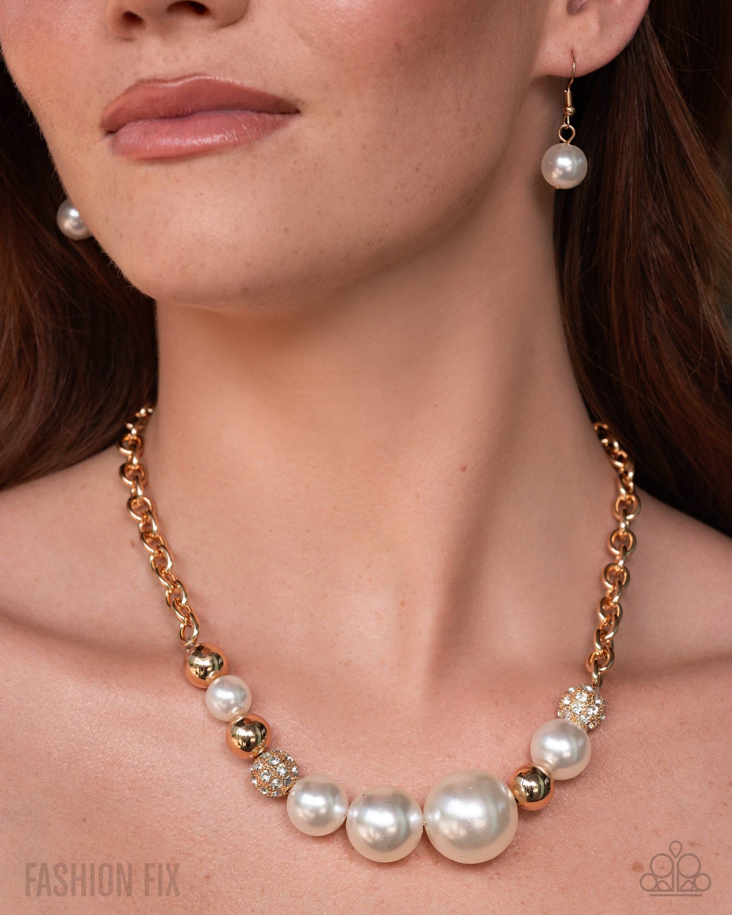 Pearl necklace and earrings on a model with 'Fashion Fix' branding.