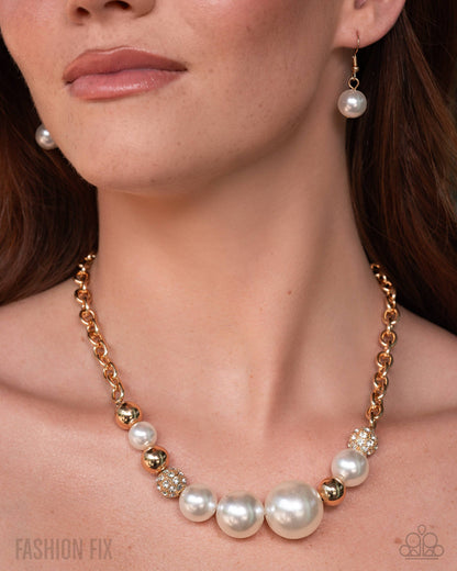 Pearl necklace and earrings on a model with 'Fashion Fix' branding.