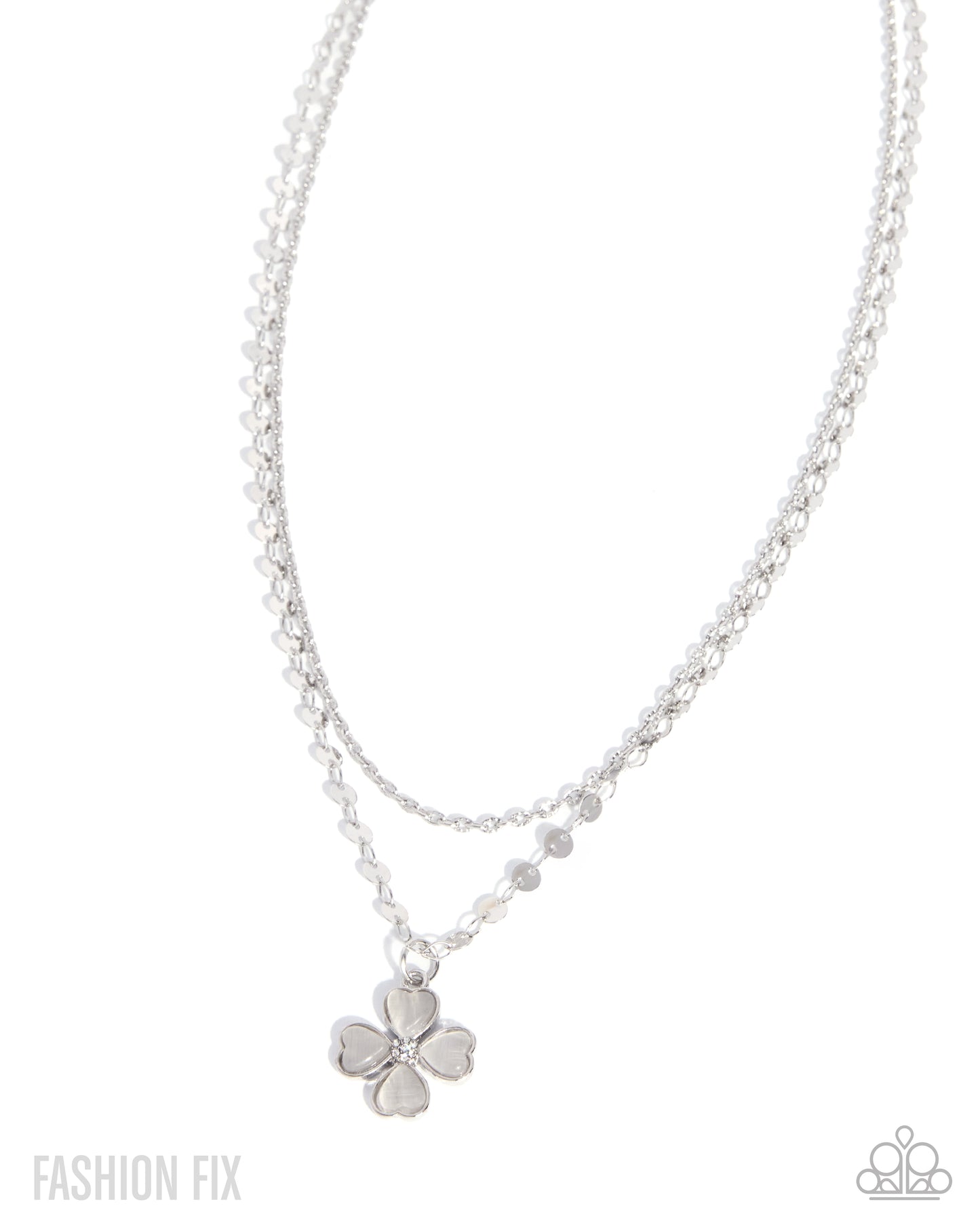 Silver necklace with a flower pendant on a white background