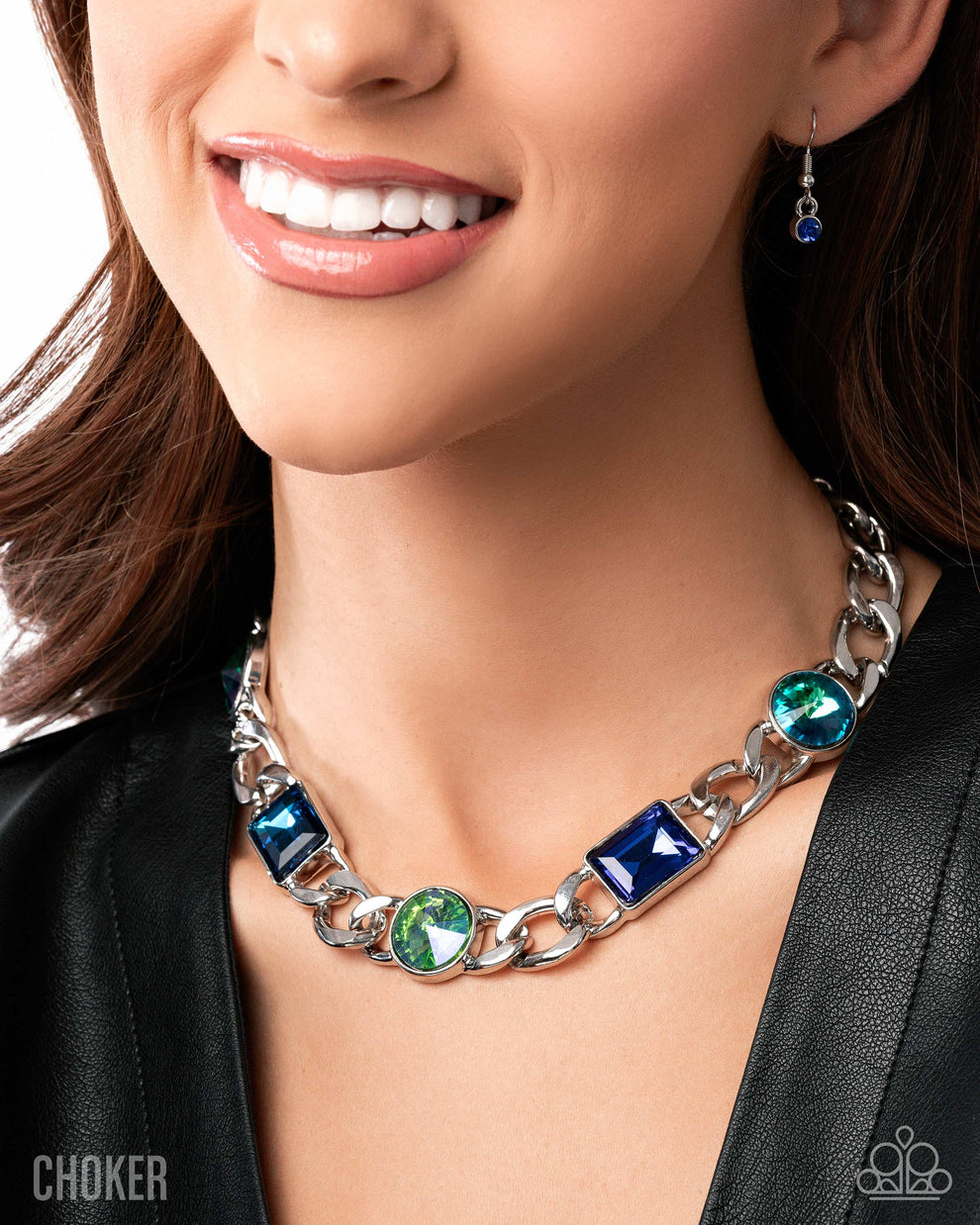 Necklace with blue and green gemstones worn by a model