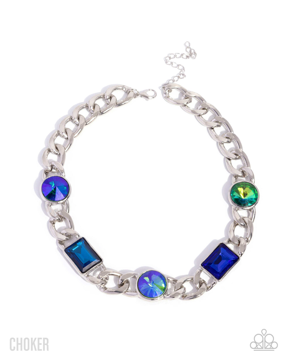 Silver choker necklace with blue and green gemstones on a white background