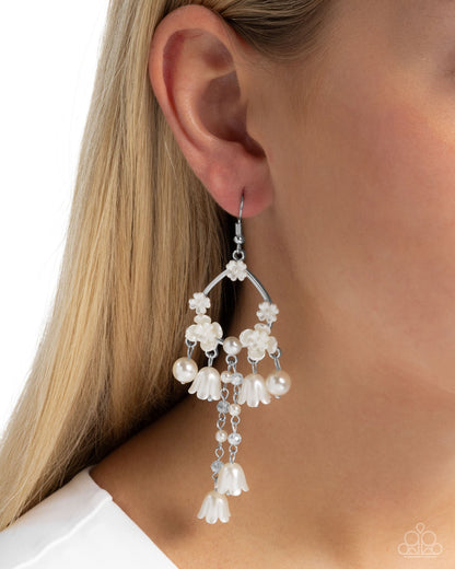 Harmonious Heir white pearl flower silver teardrop earrings