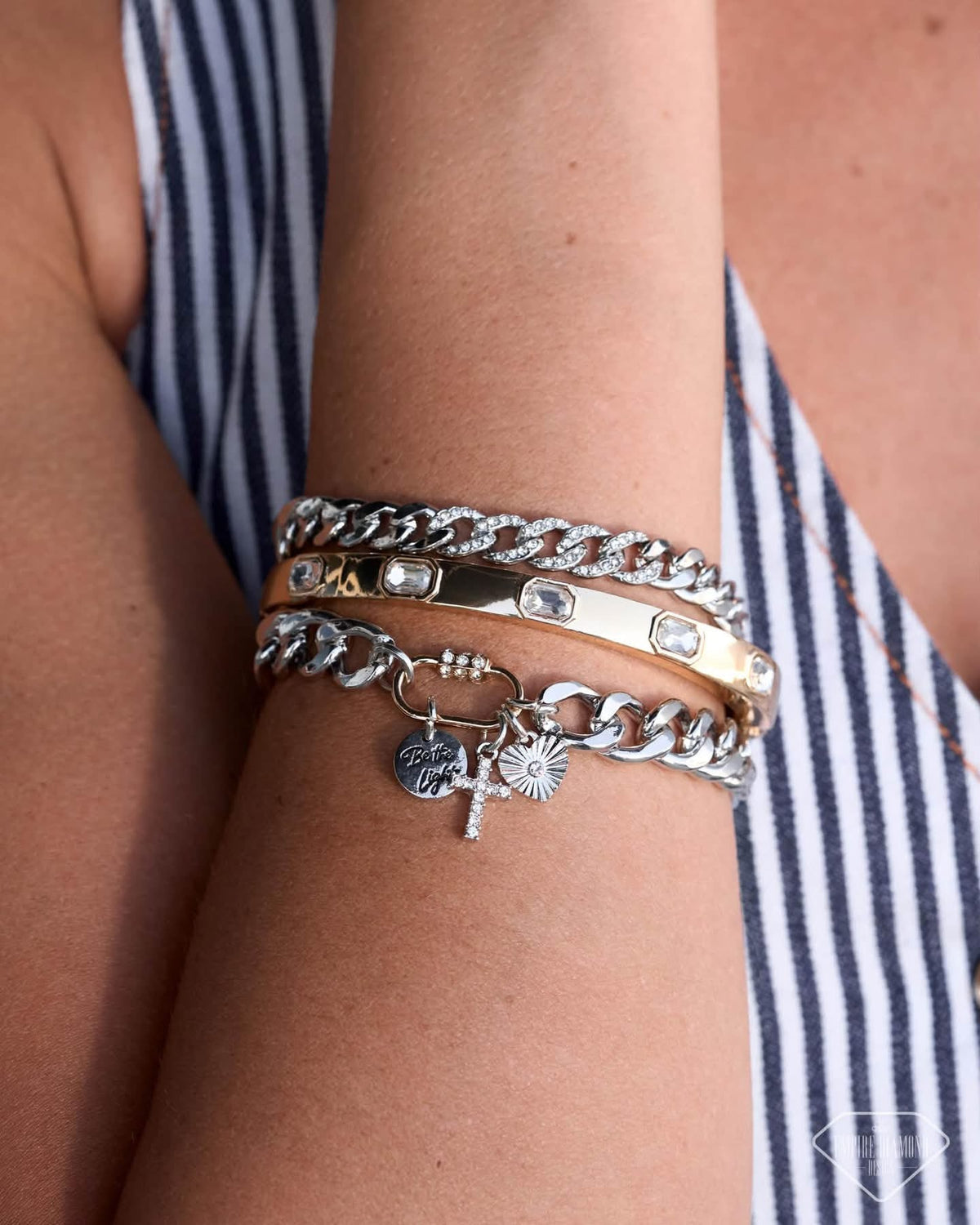 Linked by Light Multi three-bracelet set with gold and silver tones, white rhinestones and faith charms – Jewelry by Bretta
