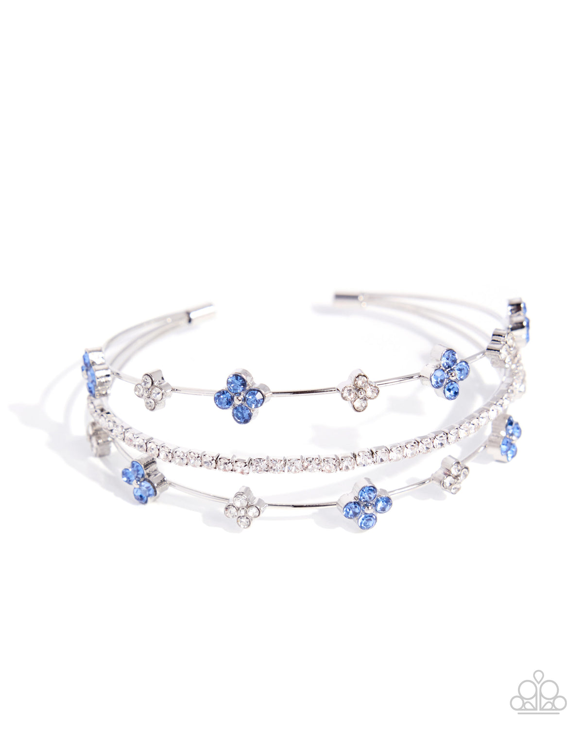 Multi-layered bracelet with blue flower charms on a white background