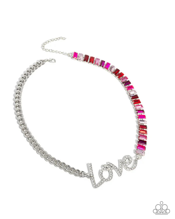 Necklace with colorful beads and 'LOVE' charm on a white background
