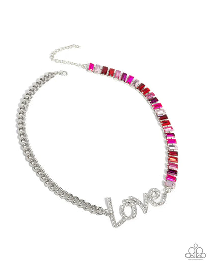 Necklace with colorful beads and 'LOVE' charm on a white background