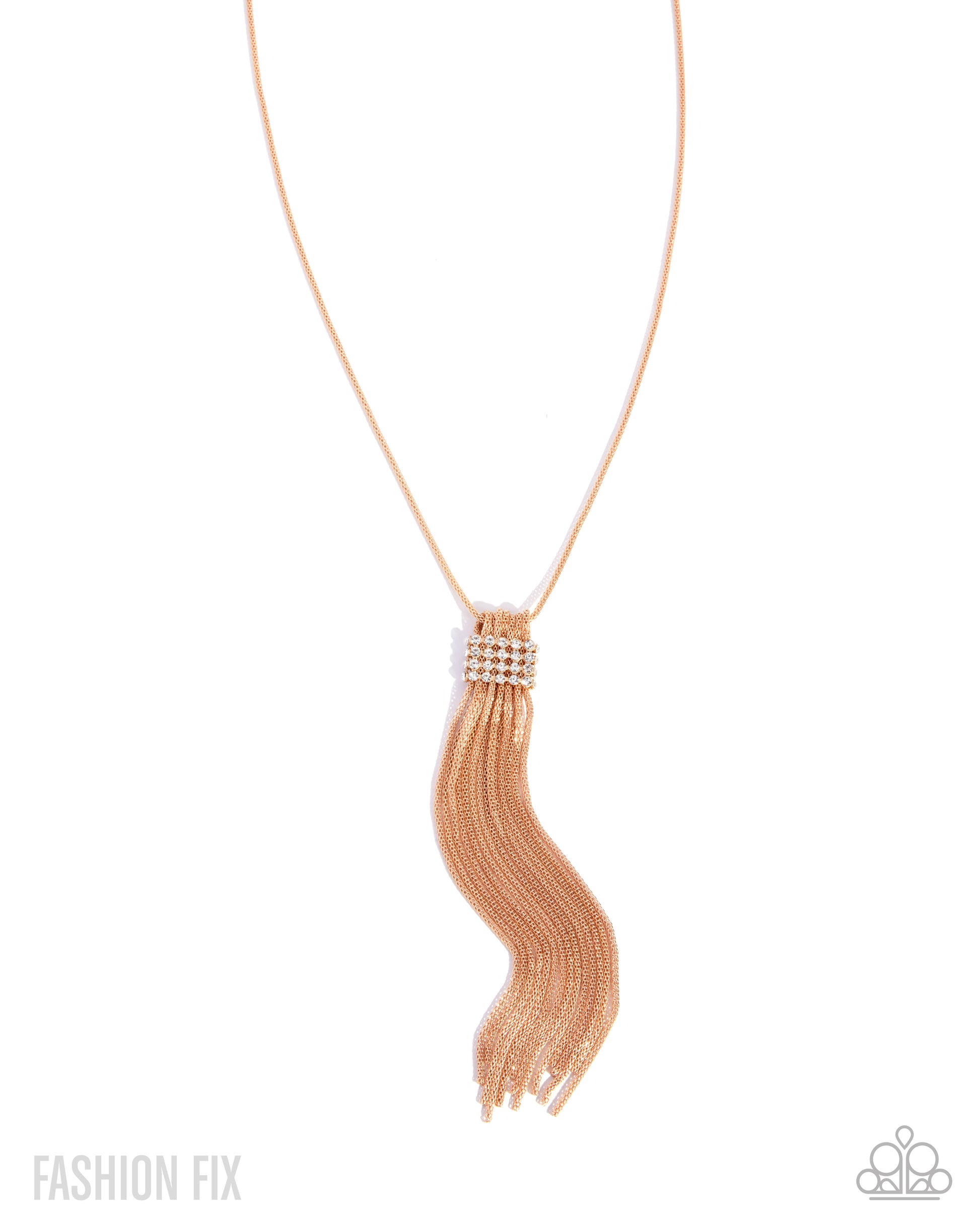 Rose gold fringe necklace on a white background