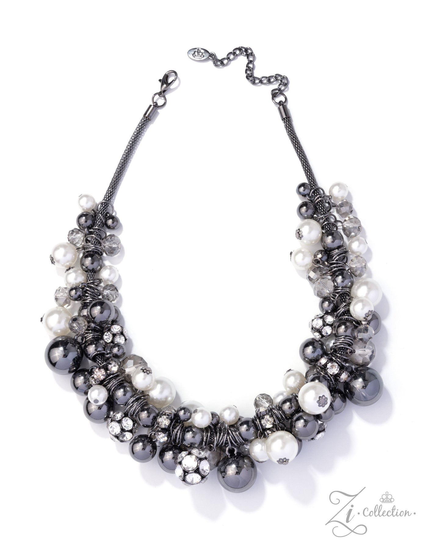 Necklace with gray and white beads on a white background