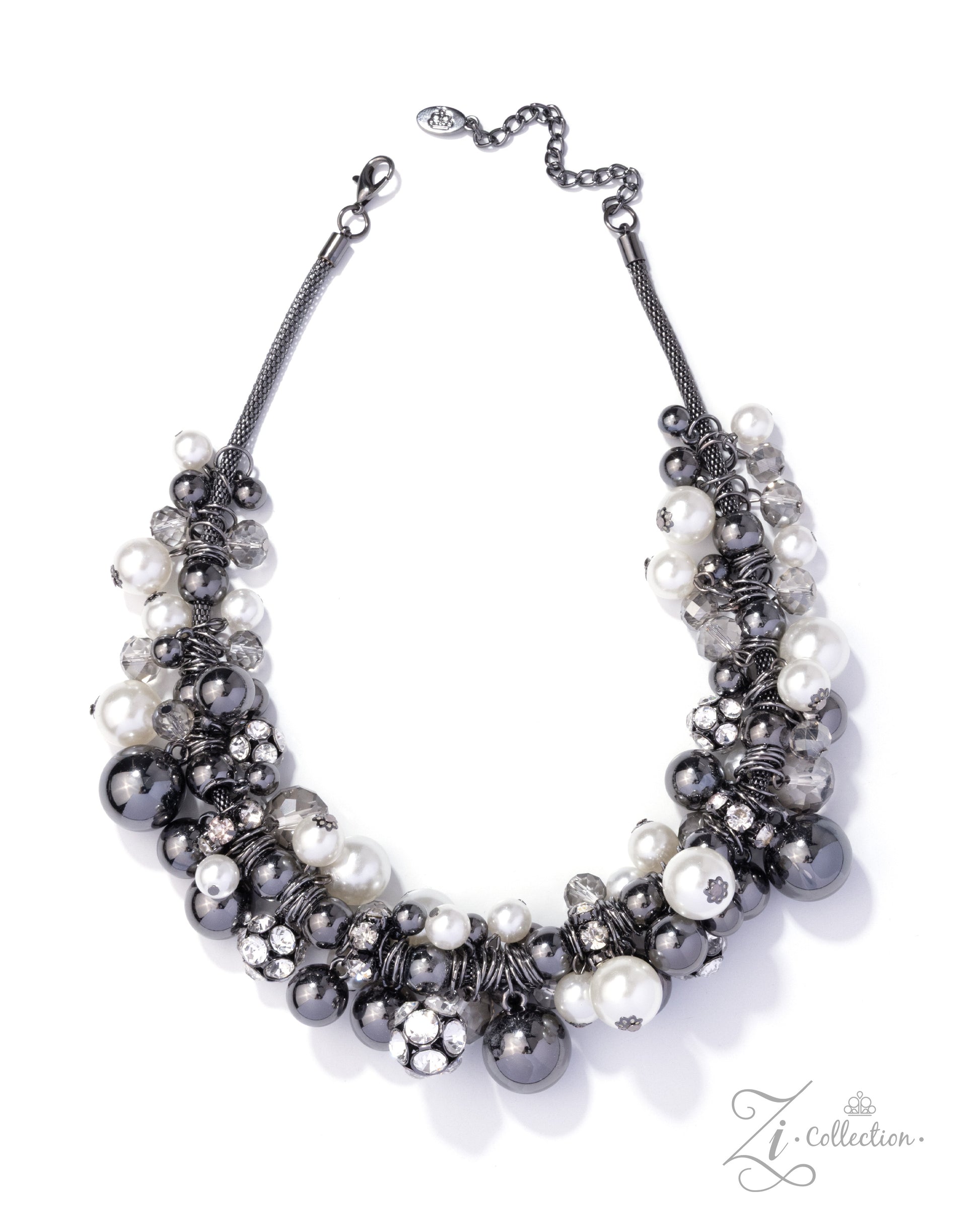 Necklace with gray and white beads on a white background