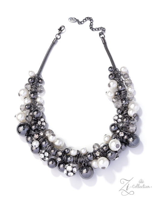 Necklace with gray and white beads on a white background