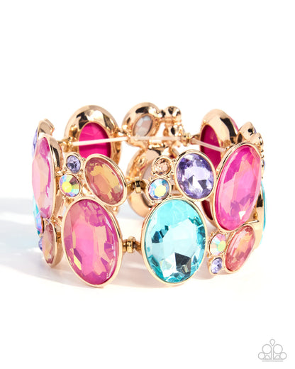 Multicolored gemstone bracelet with gold accents on a white background