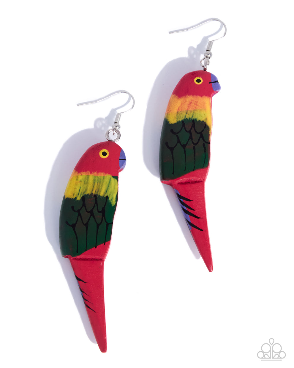 Colorful parrot-shaped earrings on a white background