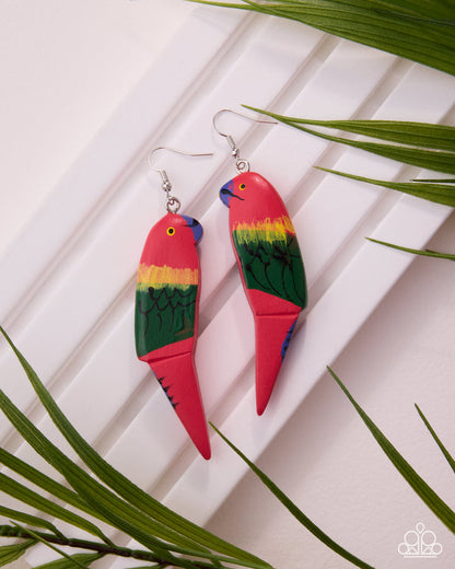 Colorful parrot-shaped earrings on a white background with green leaves.