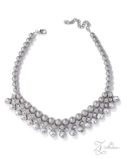 Silver necklace with pearls and crystals on a white background