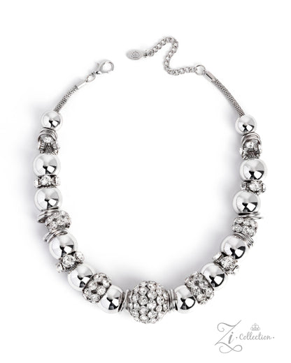 A silver-toned statement necklace featuring a central cluster of clear rhinestones surrounded by alternating polished silver beads and textured spacer beads, displayed on a clean white background.