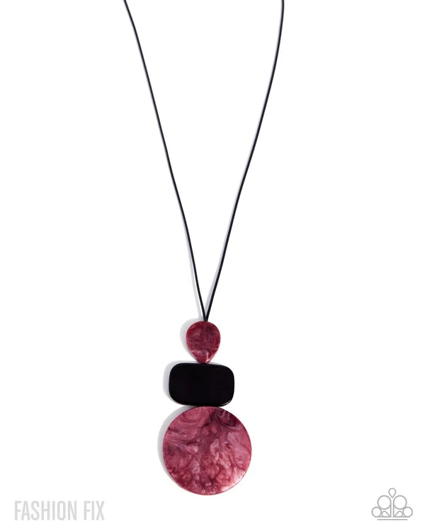 Necklace with pink marbled pendant and black accent on white background