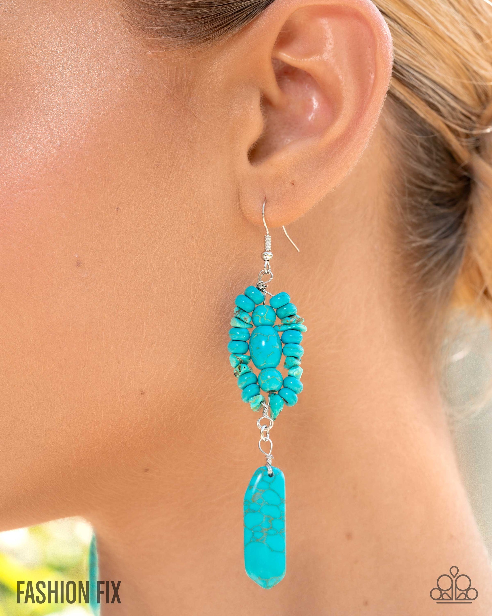 Turquoise earrings worn by a person, with 'Fashion Fix' branding visible.