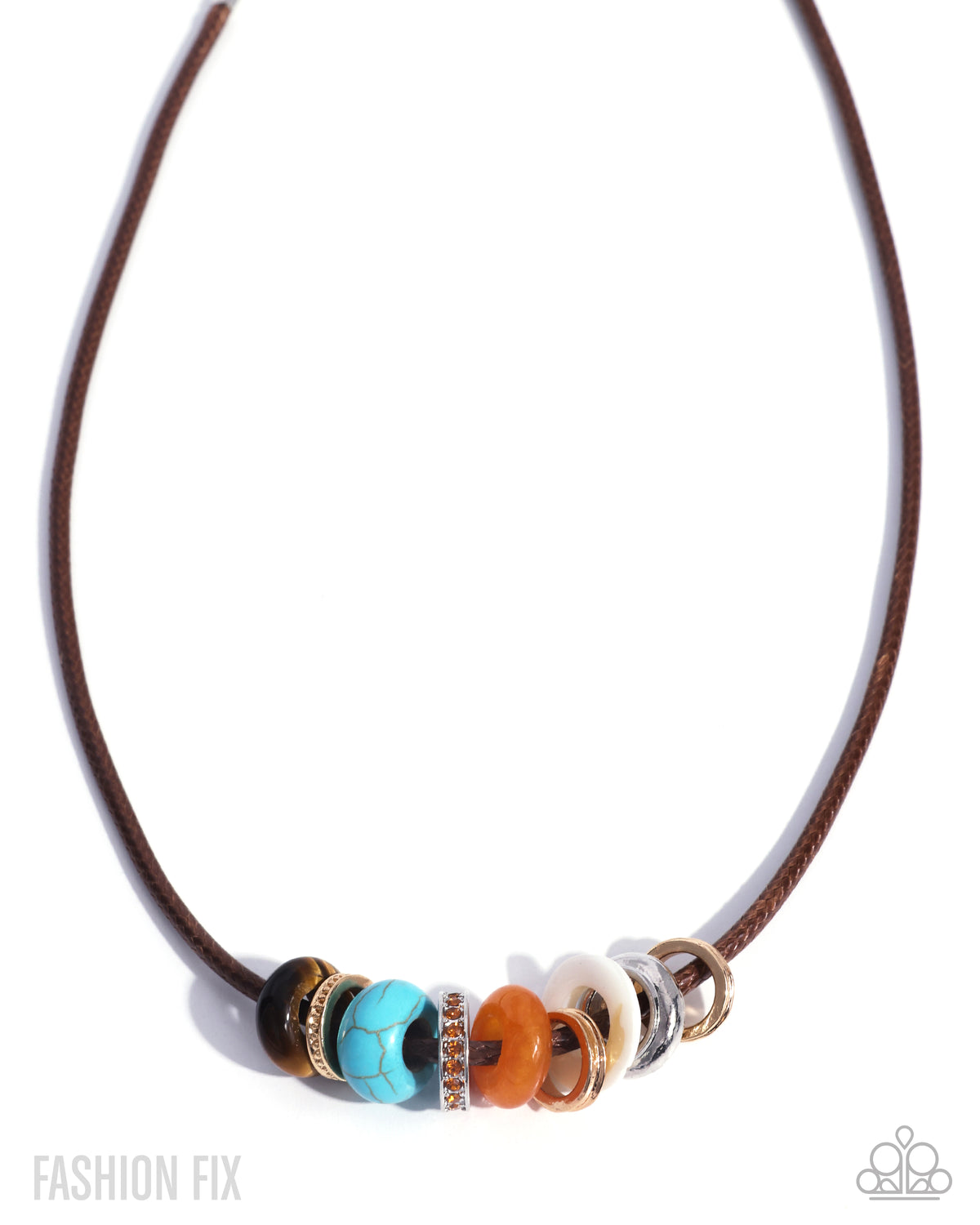 A brown cord necklace with a central cluster of decorative beads, including turquoise, orange, white, and gold-toned spacer rings, shown on a white background.