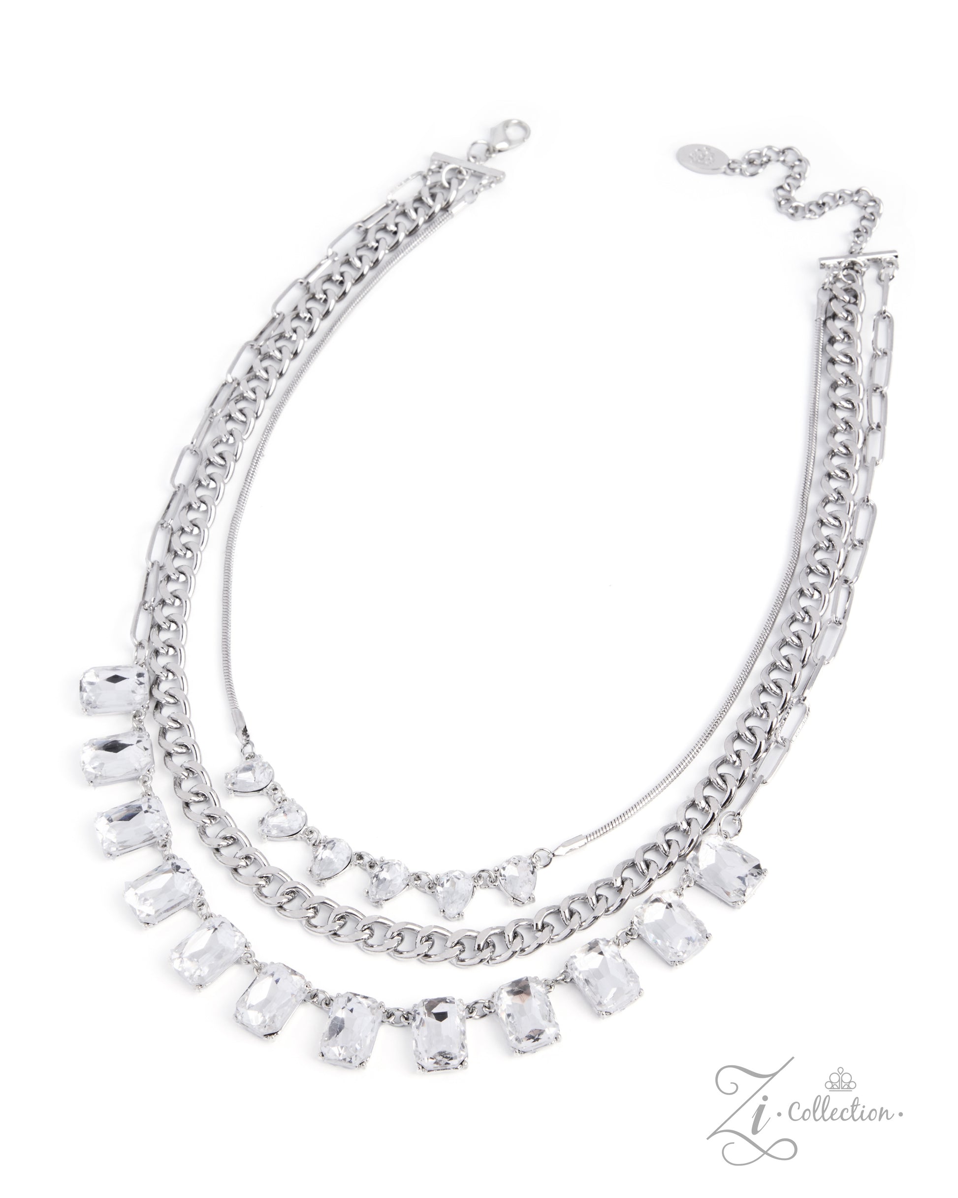 A silver-toned multi-strand necklace featuring a chunky chain, a delicate chain, and a central layer adorned with clear rectangular and heart-shaped rhinestones, shown on a plain white background.