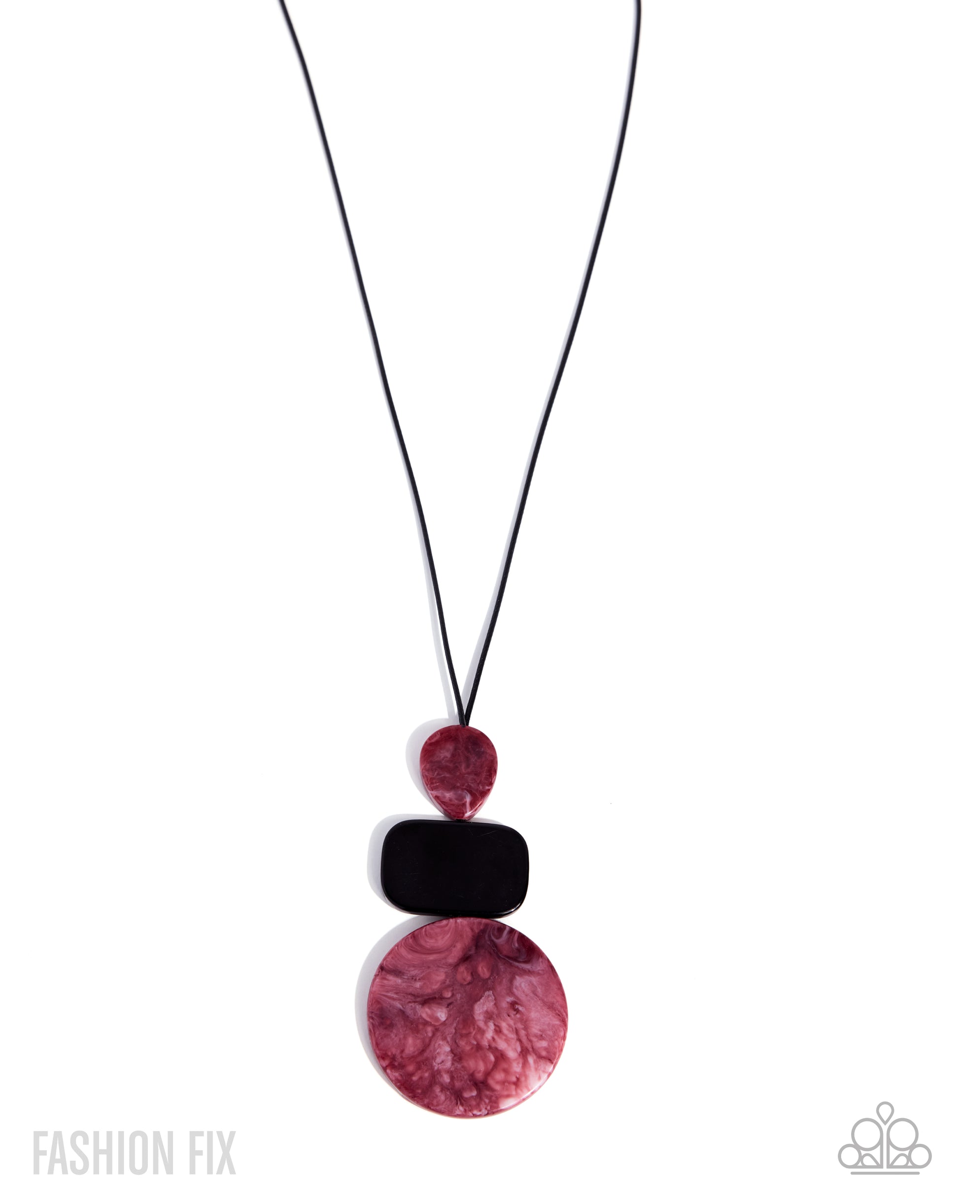 Necklace with pink marbled pendant and black accent on white background