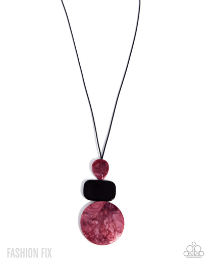 Necklace with pink marbled pendant and black accent on white background