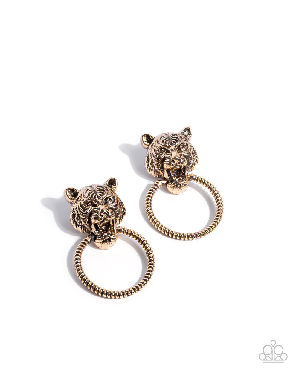 Pair of gold tiger head earrings on a white background