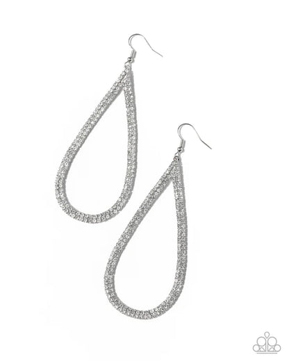 Pair of silver teardrop-shaped earrings on a white background